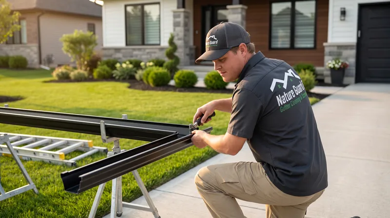 Installer carrying a new seamless aluminum gutter